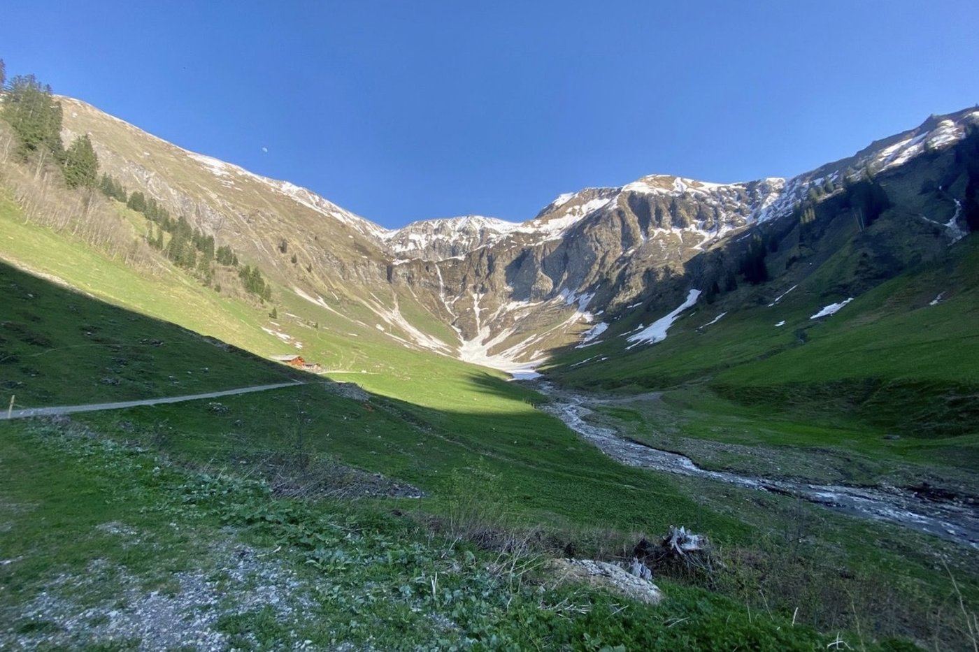 Summer alpine valley with green meadows, a brook, and an alpine hut below Käseralpe in the Allgäu